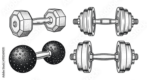 Four distinct types of dumbbells, featuring various shapes and textures, are individually showcased in an engraved, stippled style on a white background.