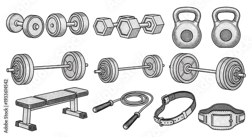 A comprehensive array of gym equipment, including dumbbells, barbells, a bench, a jump rope, and belts, is meticulously displayed on a white background.