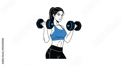 A fit woman with dark hair in a ponytail, wearing a blue sports bra and black leggings, confidently holds two dumbbells against a pristine white background.