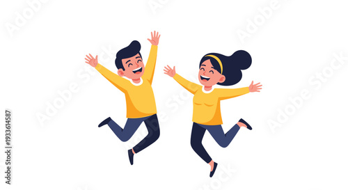 A cheerful man and woman, both wearing yellow shirts and dark pants, are jumping exuberantly with arms raised in mid-air against a clean white background.