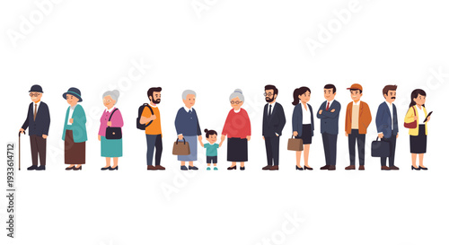 A diverse group of twelve cartoon-style individuals, including men, women, and a child, stand in a single horizontal line.