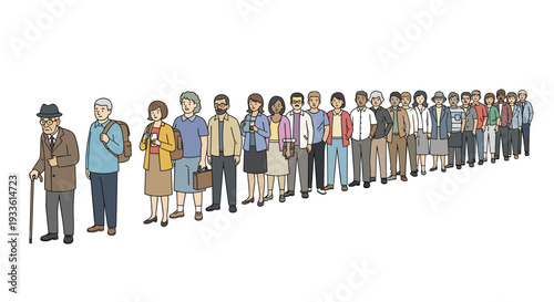 A long, diverse line of twenty-three hand-drawn individuals, men and women of various ages, stands in a diagonal formation.