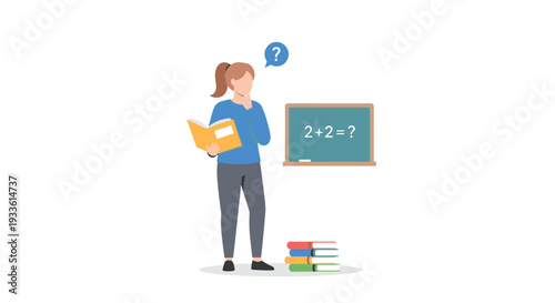 A woman with brown hair stands thoughtfully next to a blackboard displaying 22?, holding an open yellow book.