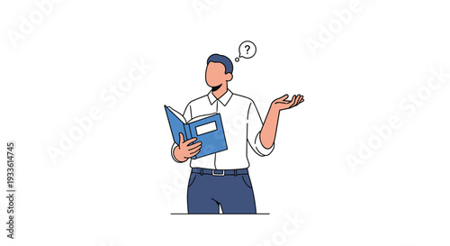 A faceless man in a white shirt and blue trousers stands with a questioning expression, holding an open blue book and shrugging.