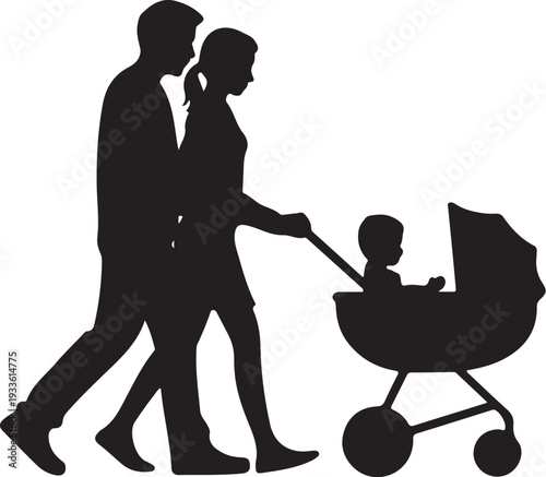 Black silhouette of couple walking with baby stroller
