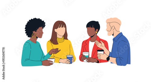 A diverse group of four individuals, two men and two women, sit around an unseen table, holding coffee cups.