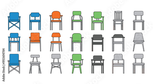 A collection of various colorful chairs arranged in rows on a white background