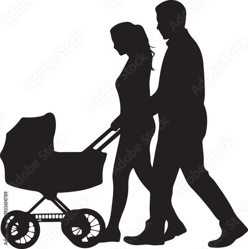Black silhouette of couple walking with baby stroller