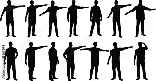 Array of Male Silhouettes Displaying Multiple Poses and Arm Movements Keywords: male, silhouette, man, person, standing, pose