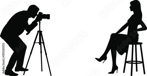 Photographer Taking Picture of Female Model Silhouette, Professional Photo Shoot Scene Isolated on White Background, Black and White Studio Illustration