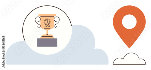 Success, achievement, recognition, navigation, goal setting, online presence. Trophy with number one sign on a cloud beside an orange map pin. Success and achievement visualization