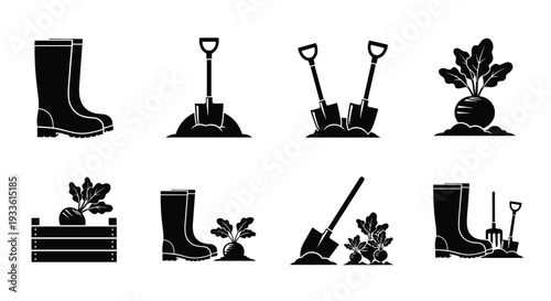 A collection of black and white icons depicting gardening tools and activities