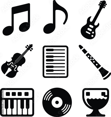 Black Icons of Musical Instruments and Symbols on White Background Keywords: music, icon, symbol, note, musical note, guitar