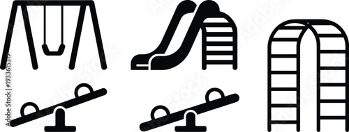 Playground Equipment Icon Set, Black Vector Illustration of Swing, Slide, Seesaw and Climbing Frame Isolated on White Background