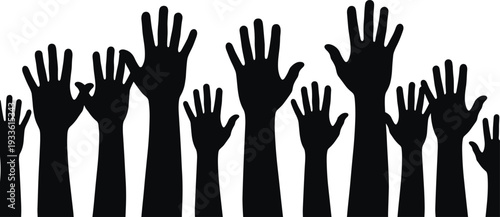 Raised Hands Silhouettes Collection, Black Vector Illustration of Diverse Human Arms Showing Voting, Volunteering and Social Support Isolated on White Background