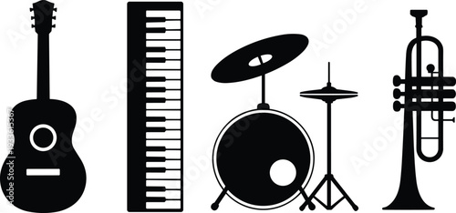 Musical Instruments Silhouette Icon Set, Black Vector Illustration of Guitar, Piano Keyboard, Drum Kit and Trumpet Isolated on White Background