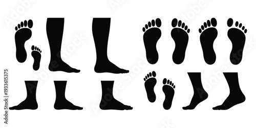 Collection of black silhouette footprints and leg profiles on white background Keywords: footprint, foot, sole, heel, toes, leg