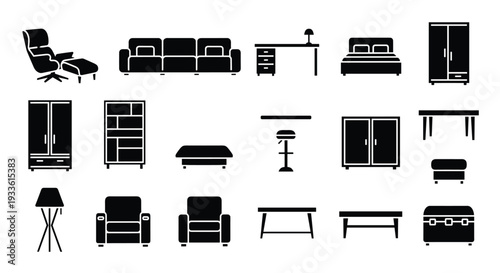 A collection of black and white furniture icons on a clean white background