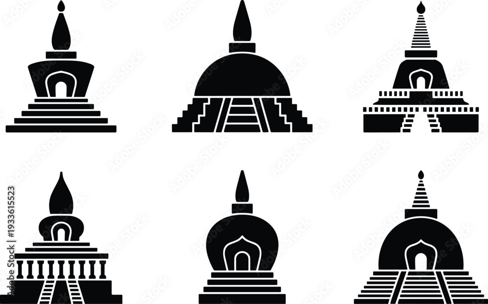 Fototapeta premium Collection of Six Black Silhouette Buddhist Stupa Icons on White Background temple architecture