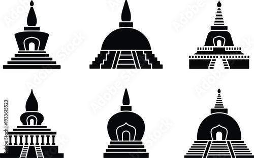 Collection of Six Black Silhouette Buddhist Stupa Icons on White Background temple architecture