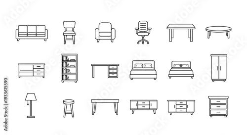 A collection of various furniture items in a simple line drawing style