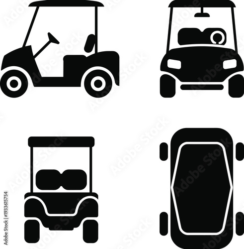 Four Black Silhouette Icons of Golf Carts from Various Angles vehicle transportation