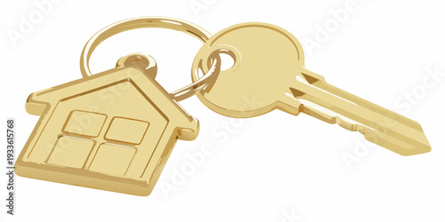 A golden house shaped keychain with a traditional key attached