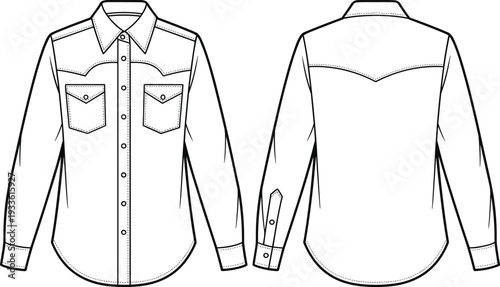Front and back view of a blank white long-sleeved denim western shirt with pockets denim shirt apparel