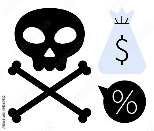 Skull and crossbones with a money bag and percent sign highlighting financial risk, economic warnings, debt issues, gambling dangers, fraud alerts, tax evasion risks, monetary hazards
