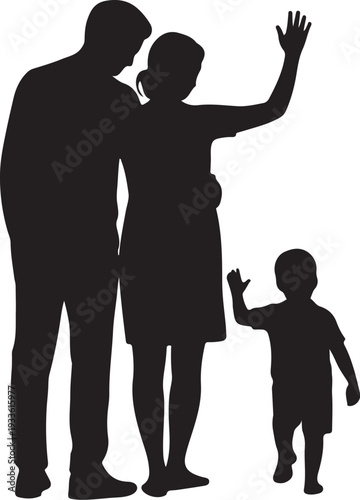 Black silhouette of family with one man one woman and one child waving