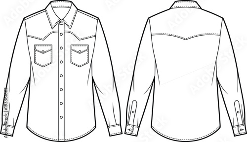 Front and back view of a blank white long-sleeved denim western shirt with pockets denim shirt apparel