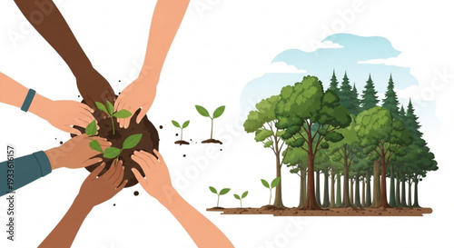 Diverse hands planting green seedlings together for environmental conservation and sustainability