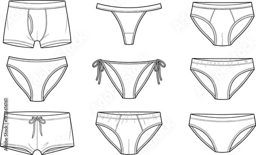 Underwear vector template set, men and women briefs thong and boxer detailed line art illustration isolated on white background