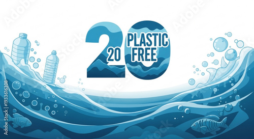 Plastic free 2020 ocean waves with bottles and fish eco campaign symbol