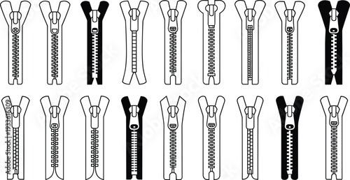 Zipper set vector collection, various zip fastener styles detailed line art illustrations isolated on white background template