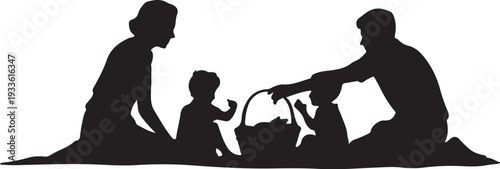 Black silhouette of family with two adults and one child sitting on ground