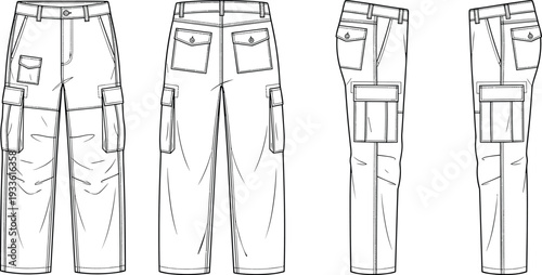 Cargo pants vector template set, front back and side view detailed line art illustration isolated on white background