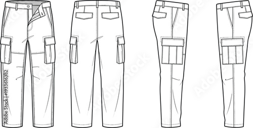 Cargo trousers vector template set, front back and side view detailed line art illustration isolated on white background