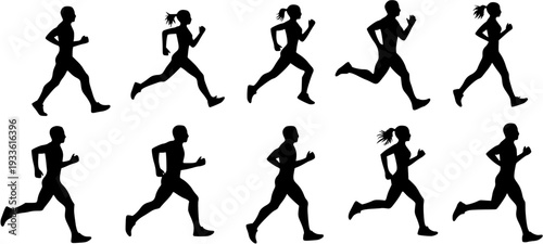 Set of diverse running people silhouettes, including men and women in various dynamic poses, representing fitness, sport, and active lifestyle.