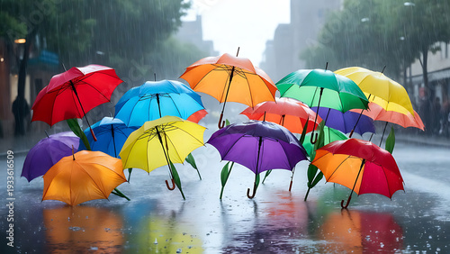 Wallpaper Mural Vibrant multicolored umbrellas sheltering from rain on a wet city street during daytime Torontodigital.ca