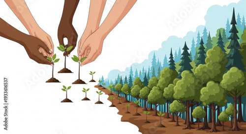 Diverse hands planting young trees in barren land transforming into lush forest with green trees and blue sky