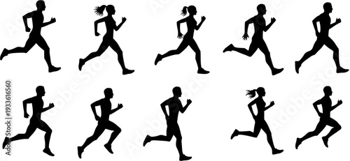 Set of diverse running silhouettes: male and female athletes jogging and sprinting, perfect for sports, fitness, and active lifestyle designs.