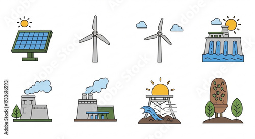 Renewable energy sources icons set including solar panel wind turbines hydroelectric dam and fossil fuel power plants for sustainable and eco friendly concepts