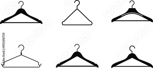 Set of six black and white clothing hanger icons on a white background Keywords: hangers, clothing, fashion, storage