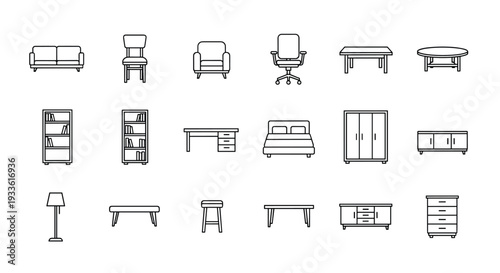 A collection of various furniture items in a simple line drawing style