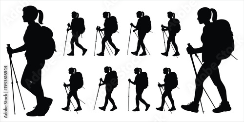 Silhouette Collection Of A Woman Hiking With Backpack And Trekking Poles hiker
