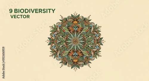 Vibrant biodiversity mandala with lush greenery and colorful wildlife on beige background symbolizing nature and ecosystem