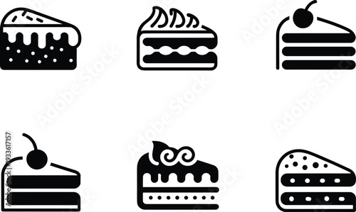 Six Black And White Icons Of Cake Slices With Different Decorations Keywords: cake, slice, dessert, icon, food, sweet, pastry