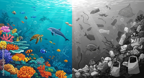 Vibrant coral reef with dolphin and fish versus polluted ocean with trash and debris contrasting environmental impact