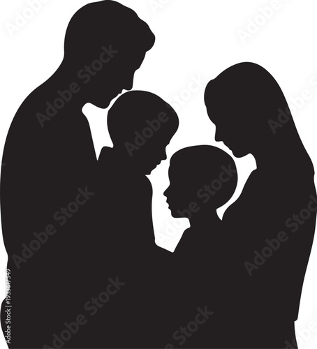 Black silhouette of family with two children white background